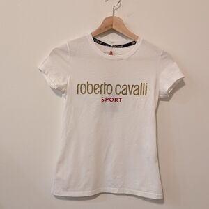Roberto Cavalli Sport White T-Shirt With Gold Metallic Logo Women's Size XS